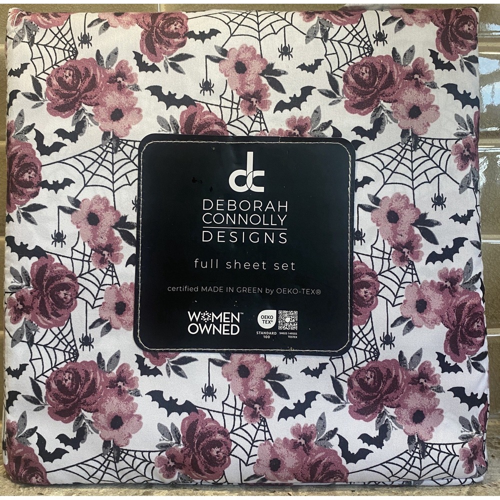 Deborah Connolly Halloween 4pc Full Sheet Set Roses, Bats & SpiderWebs